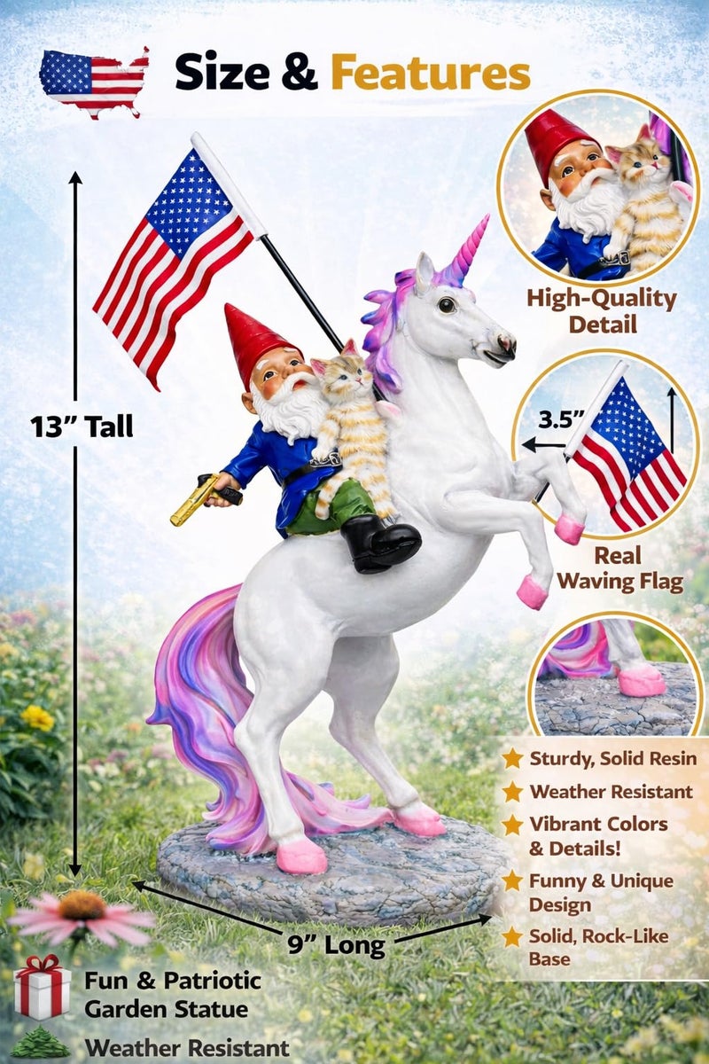 Funny Guy Mugs Garden Gnome Statue - The Ultimate Trio: Cat, Gnome & Unicorn Statue - Indoor/Outdoor Garden Gnome Sculpture for Patio, Yard or Lawn - Image 3